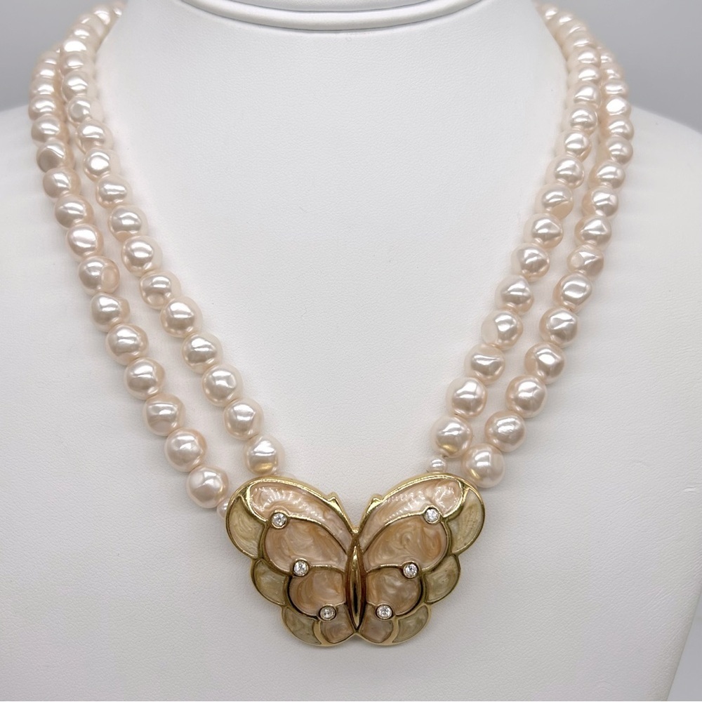 Kenneth Jay Lane KJL Butterfly Double Strand Pearl Necklace